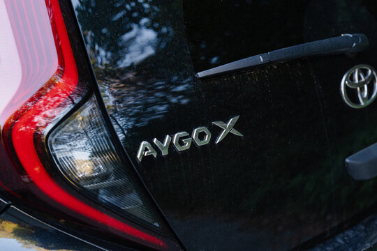 September 26, 2026, D&uuml;sseldorf, Germany - Close-up of the rear of a black Toyota Aygo X car