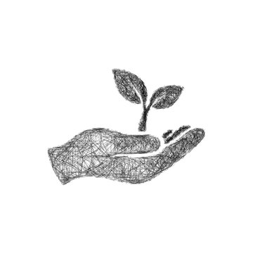 Black and white sketch plant in hand logo design