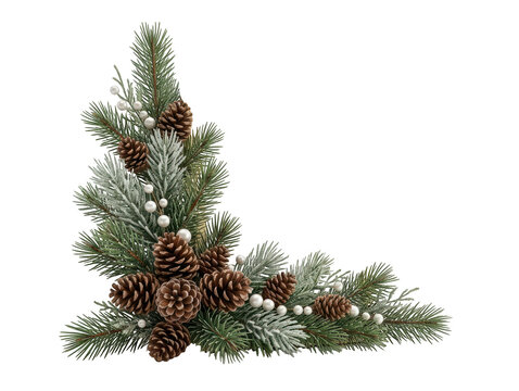 Christmas pine branch arrangement with pinecones and white berries isolated on transparent background