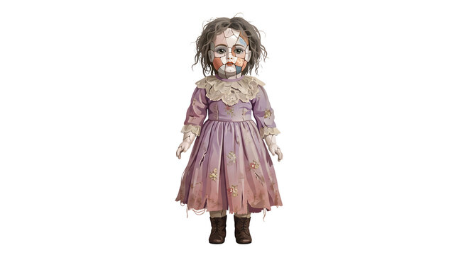 Disturbing vintage doll with a cracked face and matted hair wearing a tattered lavender dress with lace details for horror themes.
