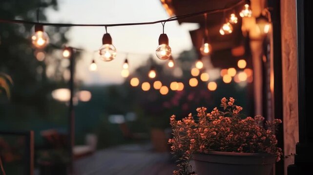Cozy Outdoor Patio with Glowing String Lights and Flowers