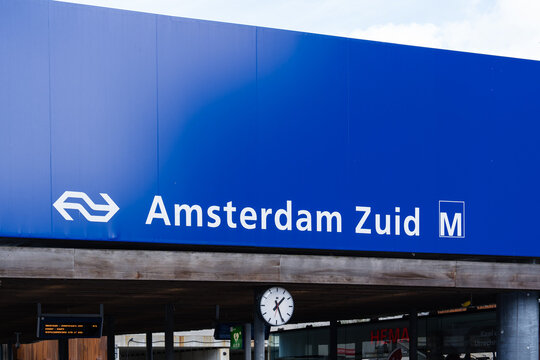 September 26, 2026, Amsterdam, Netherlands - Sign for Amsterdam Zuid train and metro station