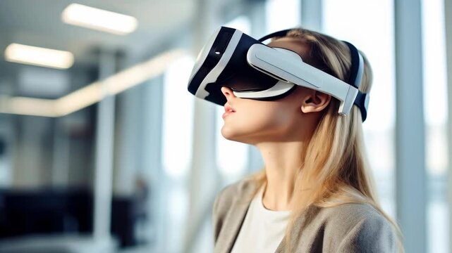 Woman Wearing VR Headset in Modern Office