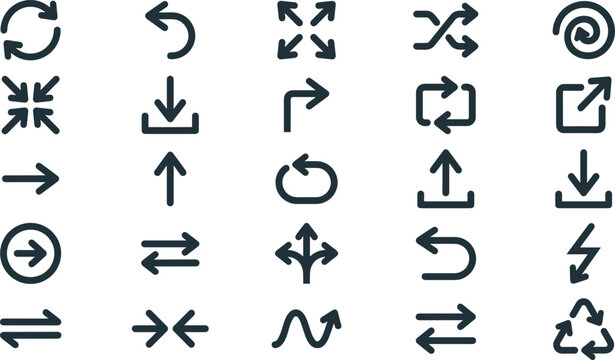 Interface Navigation Arrows and Directional UI Icons Vector Set Download Upload Shuffle Repeat Undo Redo Fullscreen Minimize Transfer Exchange Recycle Loop Spiral and Curved