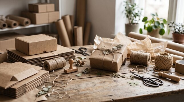 Eco-friendly craft packaging station with brown cardboard boxes, rustic gift wrapping supplies on wooden table, sustainable small business shipping workspace