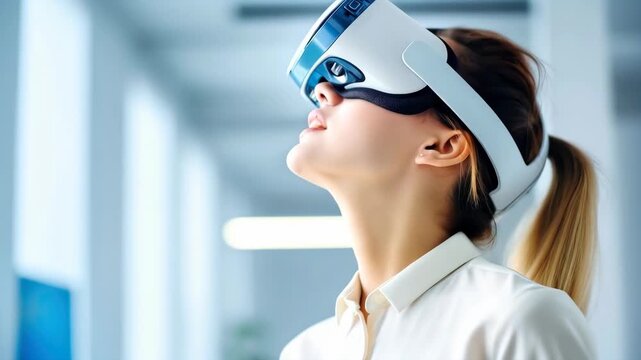 Woman Experiencing Virtual Reality with VR Headset in Modern Office