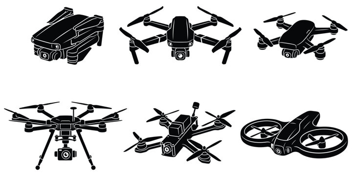 Drone quadcopter camera aerial technology photography flight uav vector silhouette set illustration