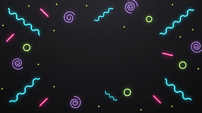 Neon 90s style background with glowing squiggly lines, spirals, circles, and dots on a dark surface