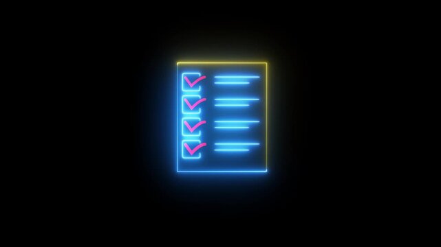 Glowing neon article icon with text lines and paper document shape in vibrant cyan and yellow colors on dark background for digital content, web design and media elements.