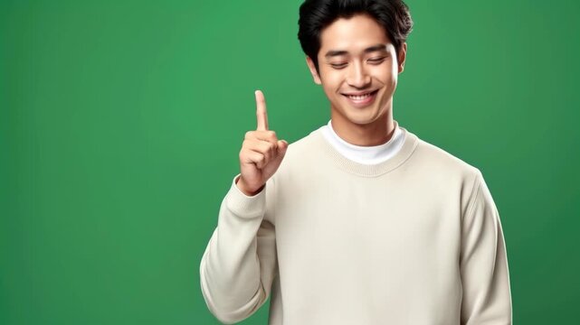 Smiling young man gesturing with index finger on green screen