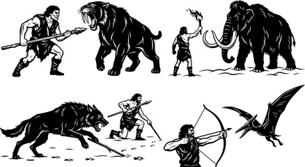 Prehistoric Cavemen Hunting Ice Age Beasts Silhouettes Vector Set Primitive Hunter with Spear Torch and Bow Saber-Toothed Tiger Smilodon Woolly Mammoth Dire Wolf and Pterodactyl © monira