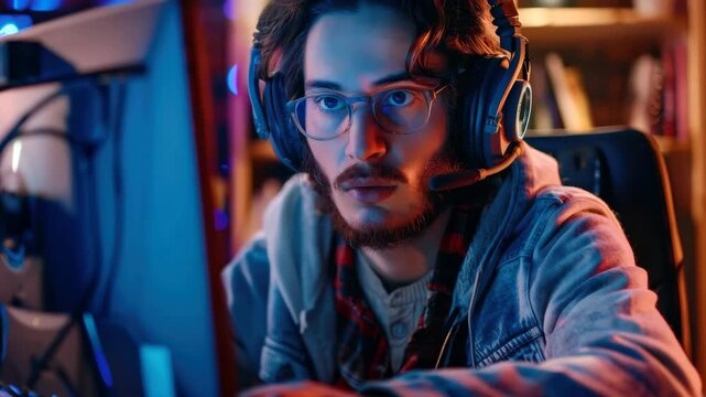 Young Man with Gaming Headset and Glasses Focused in a Neon-Lit Room