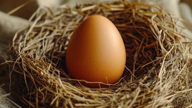 Brown Chicken Egg Nested in a Straw Nest