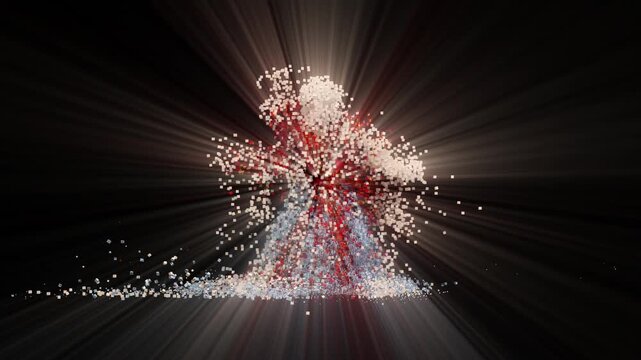 A dancing person with particles falling away from the body while dancing to