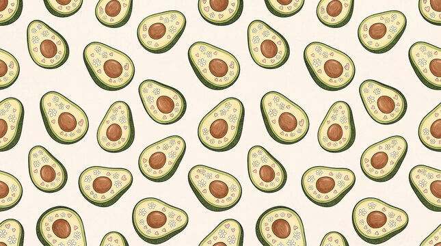 Seamless pattern with cute avocados decorated with flowers and hearts on a light cream background