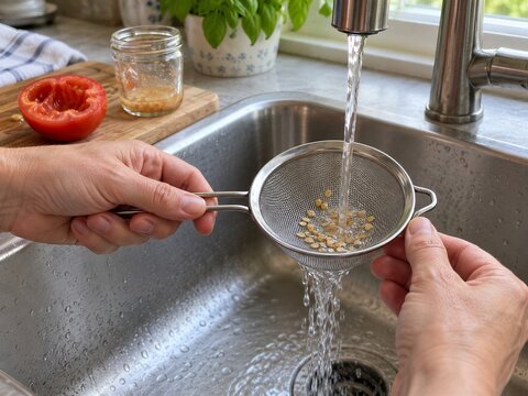 Rinsing tomato seeds in a fine mesh sieve