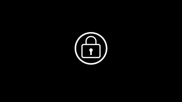 White pad lock icon inside circular frame with signal lines above representing cyber security privacy protection access control safety symbol isolated black background vector.a 4 k video.