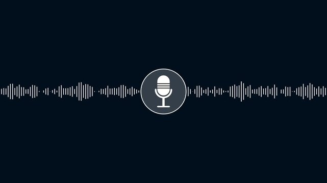 Microphone icon in circle with digital audio sound wave spectrum representing voice recognition podcast recording assistant sound frequency isolated dark blue background vector.a 4k video.
