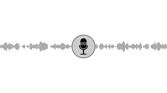 Black microphone icon in circle with audio sound wave spectrum representing voice recognition podcast recording assistant sound frequency isolated clean white background vector.a 4 k video.
