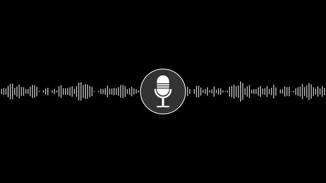 White microphone icon in circle with audio sound wave spectrum representing voice recognition podcast recording assistant sound frequency isolated clean dark black background vector.4 k video.