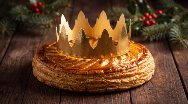 A traditional French Galette des Rois king cake topped with a gold paper crown on a rustic wooden table with festive Christmas greenery and holly berries.