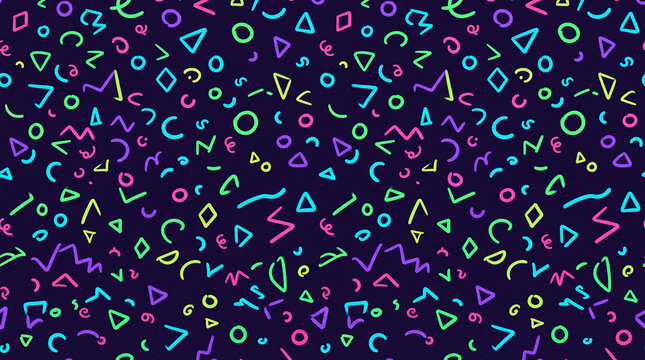 Retro 90s memphis style pattern with colorful geometric shapes and squiggles on dark purple background
