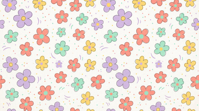 Seamless pattern with colorful cute retro flowers, isolated on white background