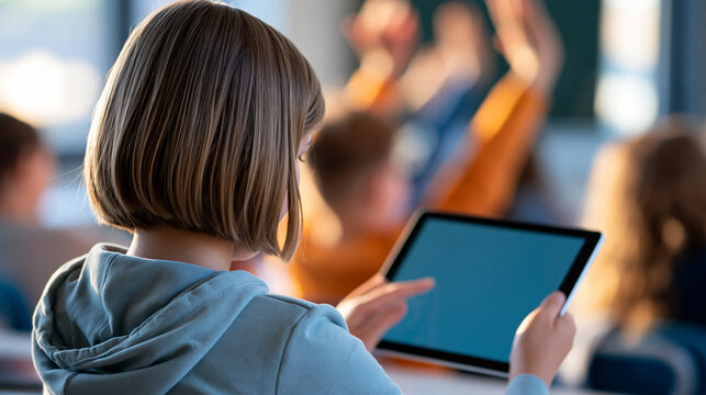 Teacher using a tablet to conduct an interactive quiz while students raise hands and participate, digital classroom, educational technology, gamified learning, student engagement,