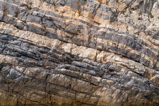 Sedimentary rock layers showing tilted bedding on cliff face