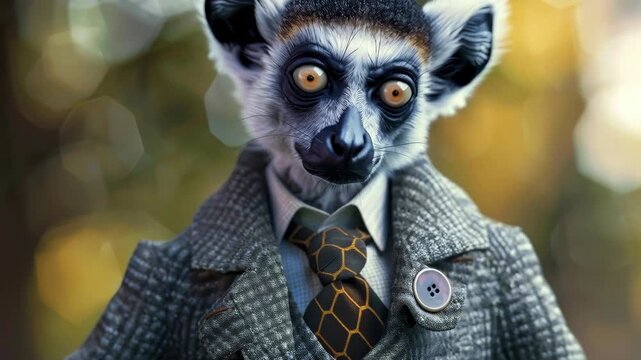 Anthropomorphic Lemur in Tweed Blazer and Patterned Tie