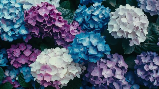 Blooming blue, purple and white hydrangea flowers in a summer garden