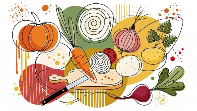 Stylish animated line-art illustration featuring a kitchen board, a knife, and various vegetables with colorful splashes.