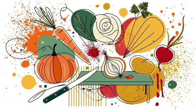 Stylish animated line-art illustration featuring a kitchen board, a knife, and various vegetables with colorful splashes.