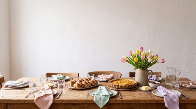 Easter brunch table with hot cross buns