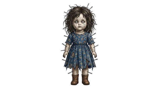 Terrifying voodoo doll vector design covered in metal needles and wearing blue floral dress isolated on transparent background for horror themed assets.