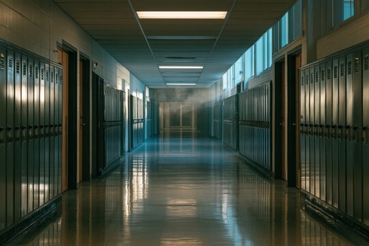 Empty high school hallway after classes, quiet corridor with locked rooms