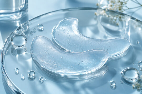 Translucent hydrogel eye patches curve across pale blue glass surrounded by delicate clear droplets and soft reflections