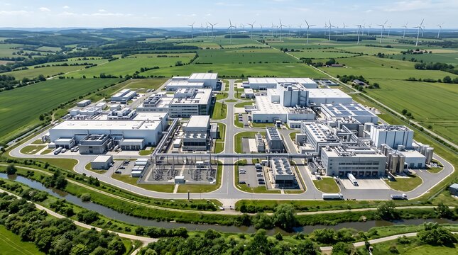 Aerial view of a sprawling modern industrial complex amidst green fields and a winding river, with distant wind turbines, representing advanced manufacturing and sustainable development