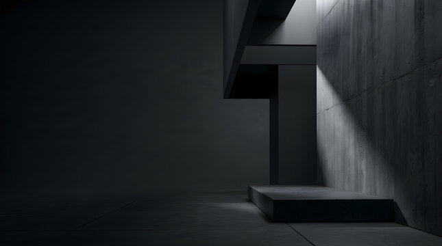 dark moody concrete podium in a brutalist architectural space for luxury product showcase or black Friday sale banner