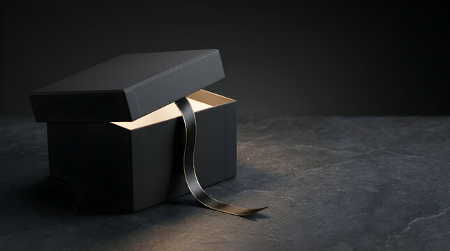mysterious black luxury gift box with golden light glowing from inside for black friday sales and premium holiday marketing banners