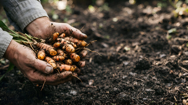 Adult hand holding freshly harvested turmeric roots over soil