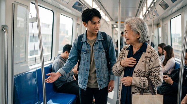 Thoughtful Southeast Asian Teenager Offering Train Seat to Elderly Passenger