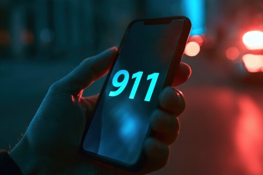 Close-up of a smartphone screen displaying emergency dial 911 with an urgent glow