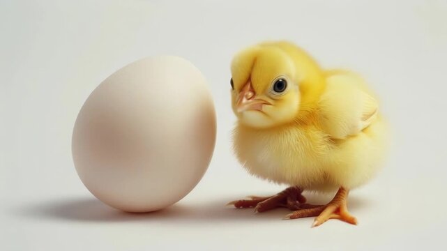 Cute Yellow Chick Pecking at a Large White Egg