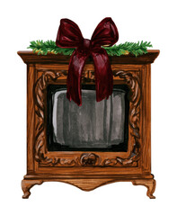 Naklejka premium PNG Vintage ornate fireplace mirror decorated with holiday greenery and bow