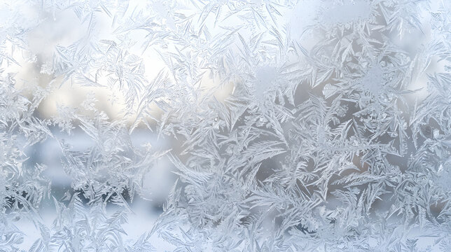Frost crystals forming intricate patterns on frozen glass surface