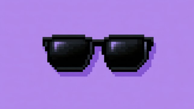Comical 8-bit sunglasses in pixel art, black frames on purple background, nostalgia-driven meme motif