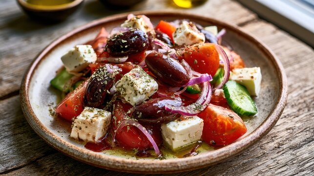 Greek salad with feta cheese, kalamata olives and fresh vegetables on a rustic plate