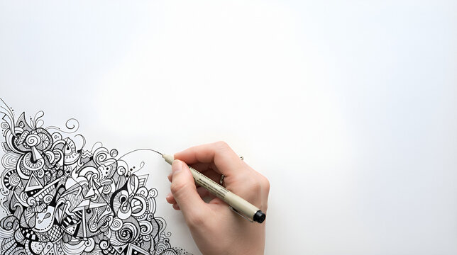 Hand drawing intricate doodle pattern with pen on white paper