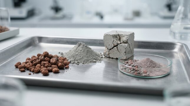 clay pellets, cement powder, cracked concrete cube, and petri dish for low carbon binder research
